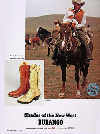 Magazine cover showing a cowboy holding his baby while on a ranch horse.